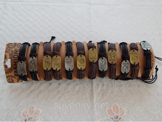 Браслет кожаный с металлическим знаком зодиака